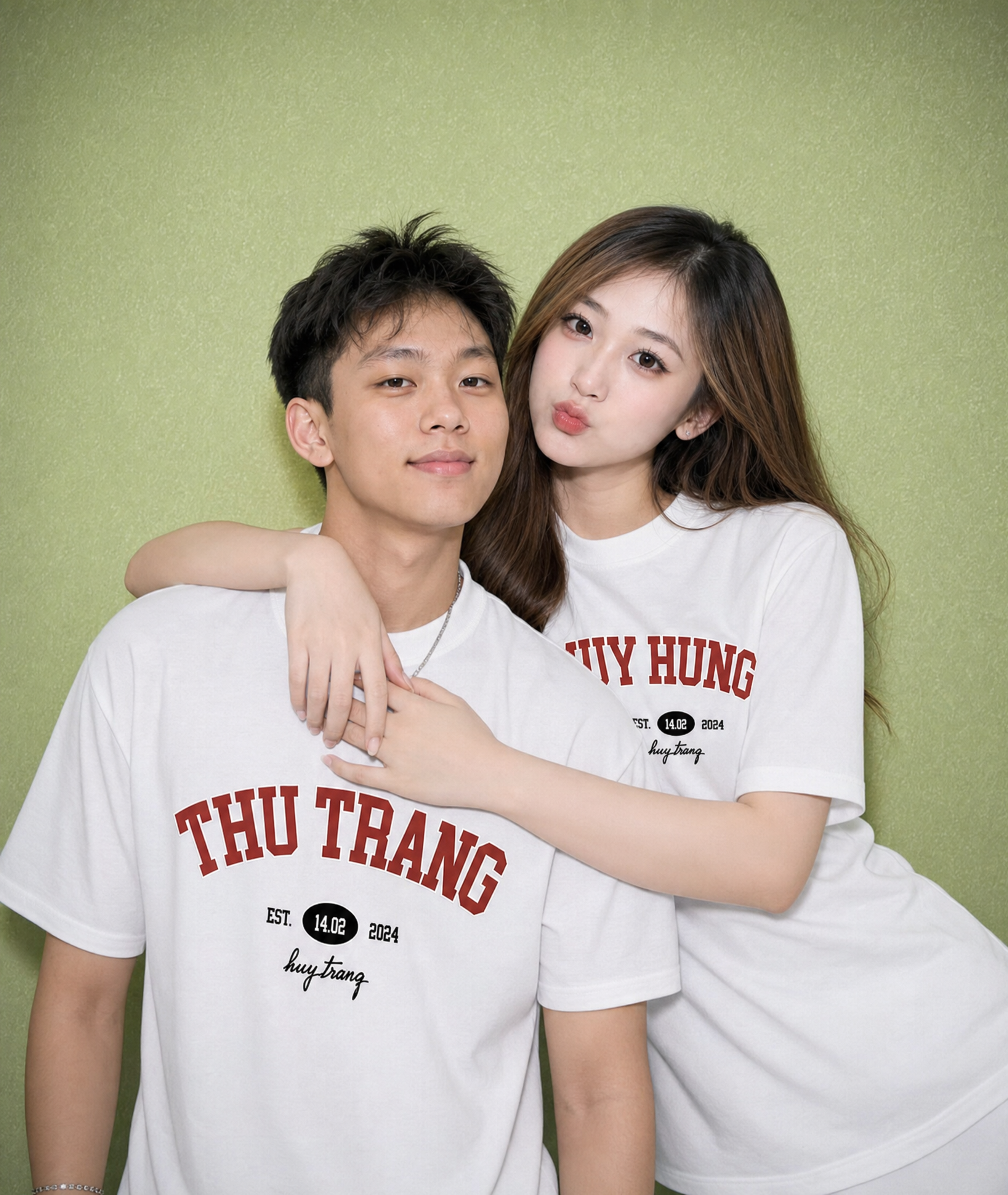 Cặp đôi mặc áo trắng in tên và ngày kỷ niệm RIENG.VN