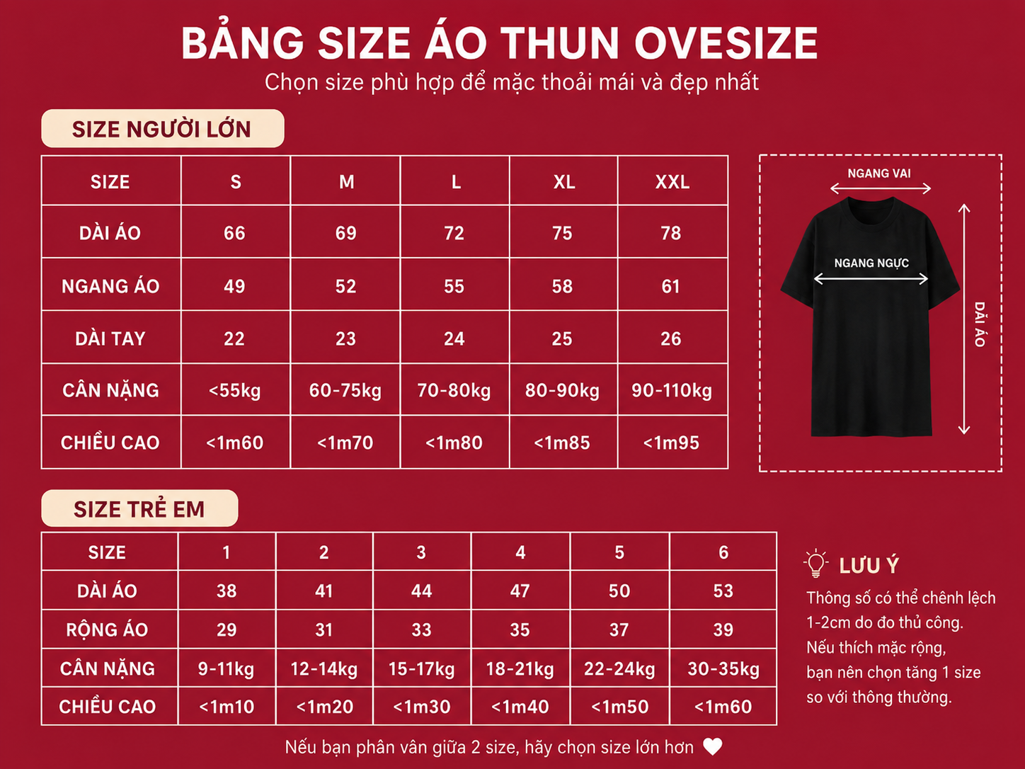 Bảng Size Áo Thun Oversize