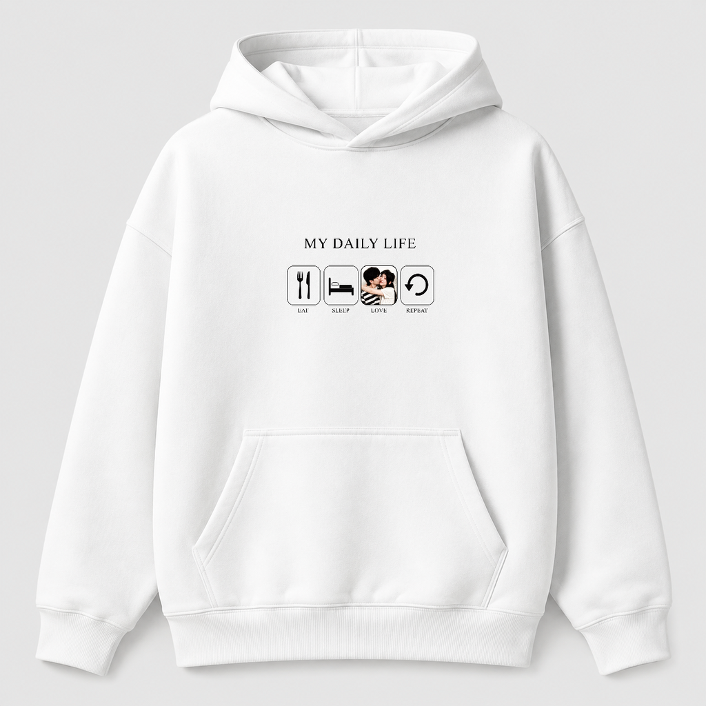 Áo hoodie Eat Sleep Love Repeat Riengvn — thiết kế Trắng