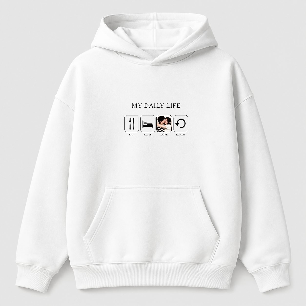 Áo hoodie Eat Sleep Love Repeat Riengvn — thiết kế Trắng