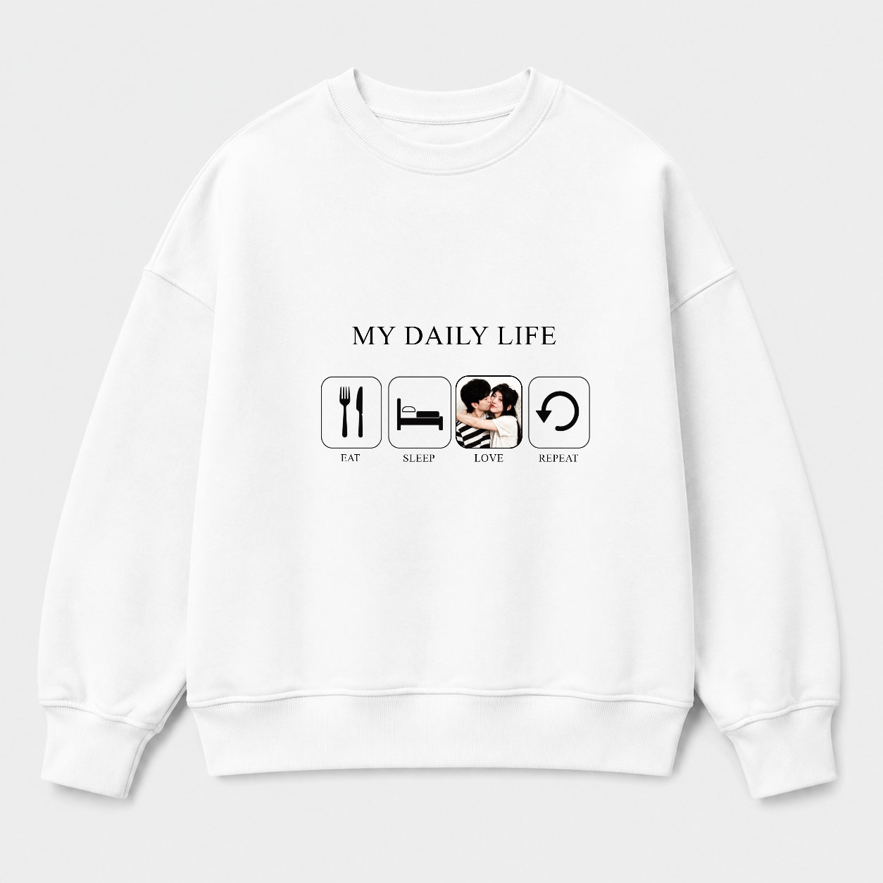 Áo sweater Eat Sleep Love Repeat Riengvn — thiết kế Trắng