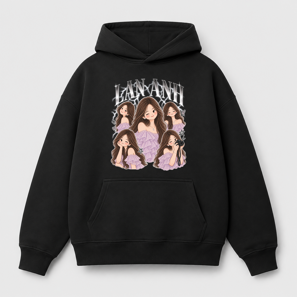 Áo hoodie Chibi Collage 5 Dáng In Tên RIENGVN — thiết kế Đen