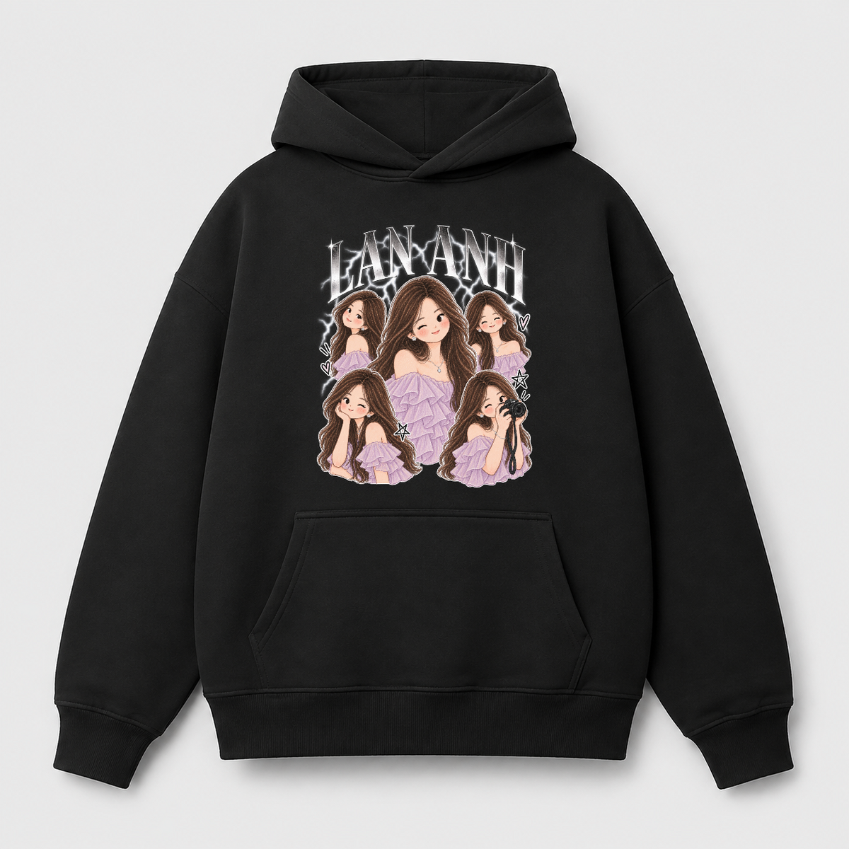 Áo hoodie Chibi Collage 5 Dáng In Tên RIENGVN — thiết kế Đen