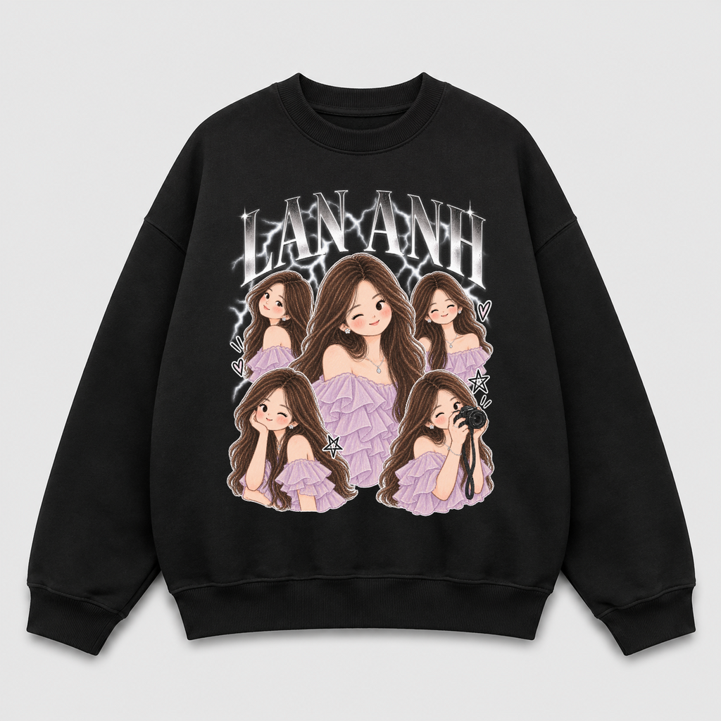 Áo sweater Chibi Collage 5 Dáng In Tên RIENGVN — thiết kế Đen