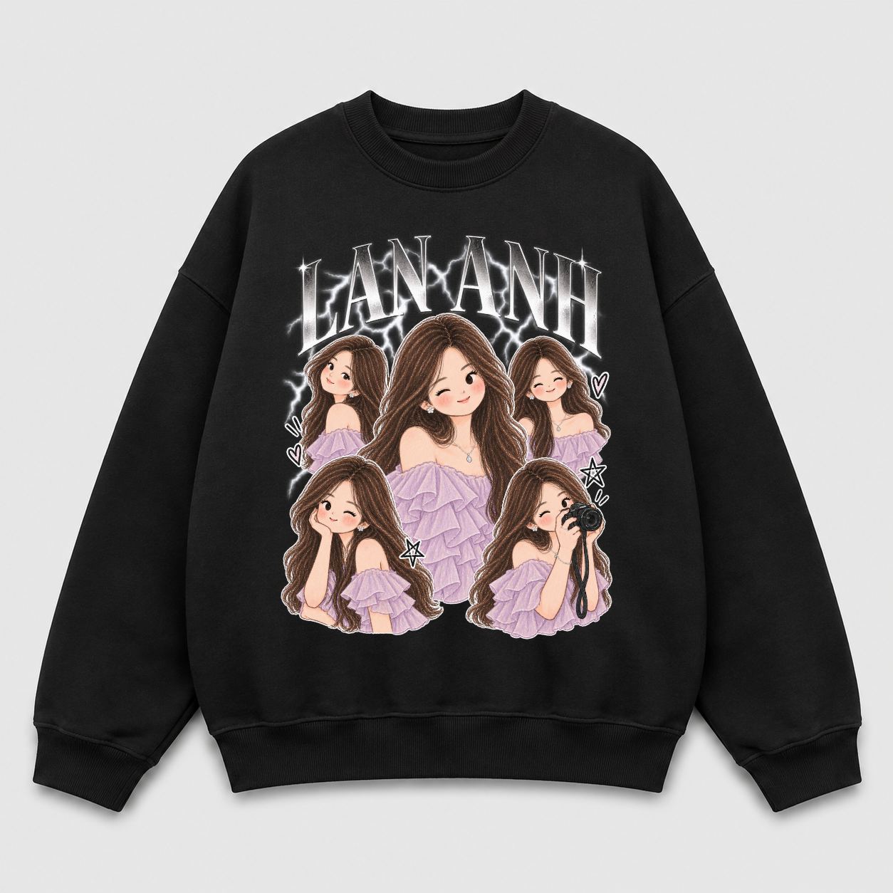 Áo sweater Chibi Collage 5 Dáng In Tên RIENGVN — thiết kế Đen