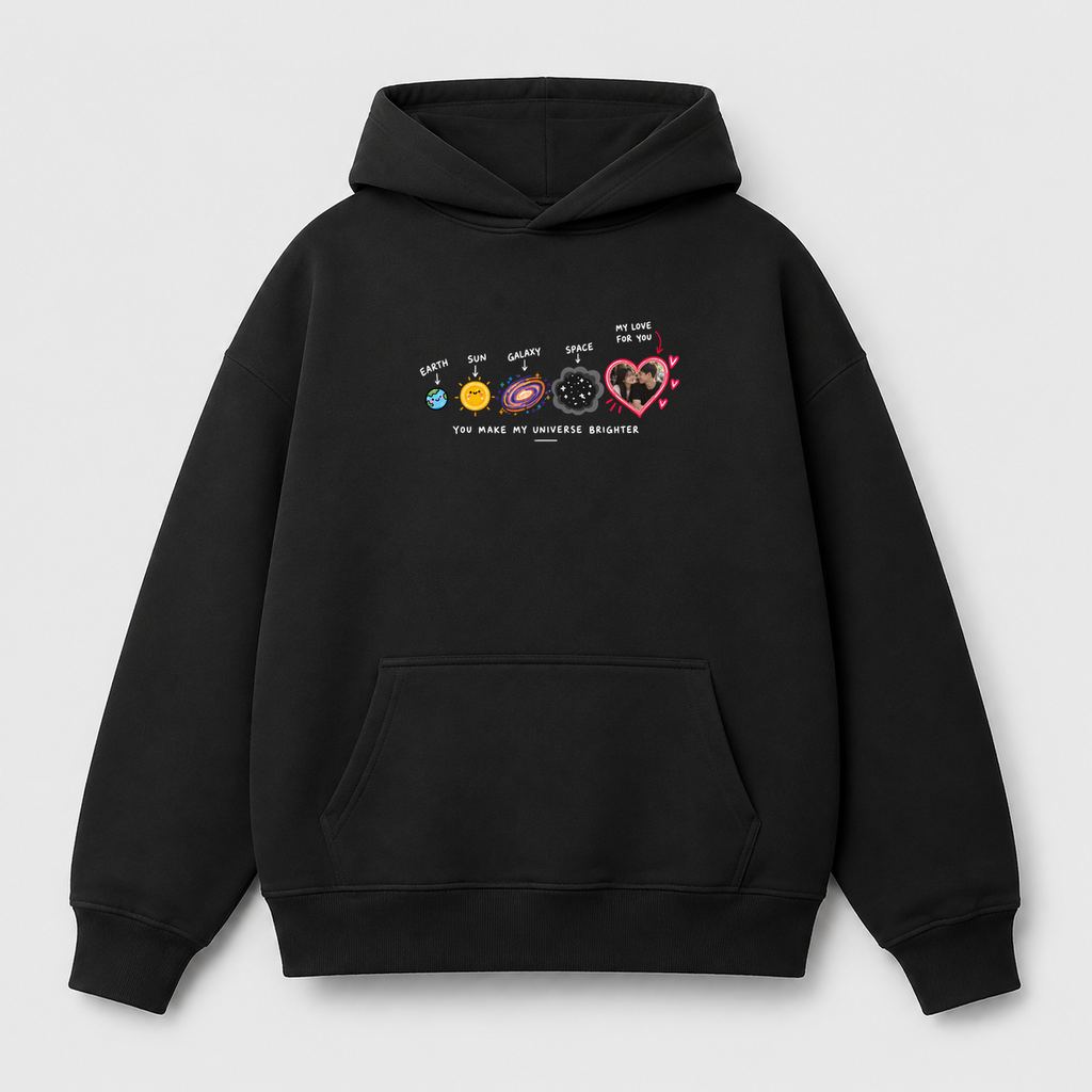 Áo Hoodie Custom Ảnh Trái Tim Vũ Trụ – You Make My Universe Brighter | RIENGVN — màu Đen