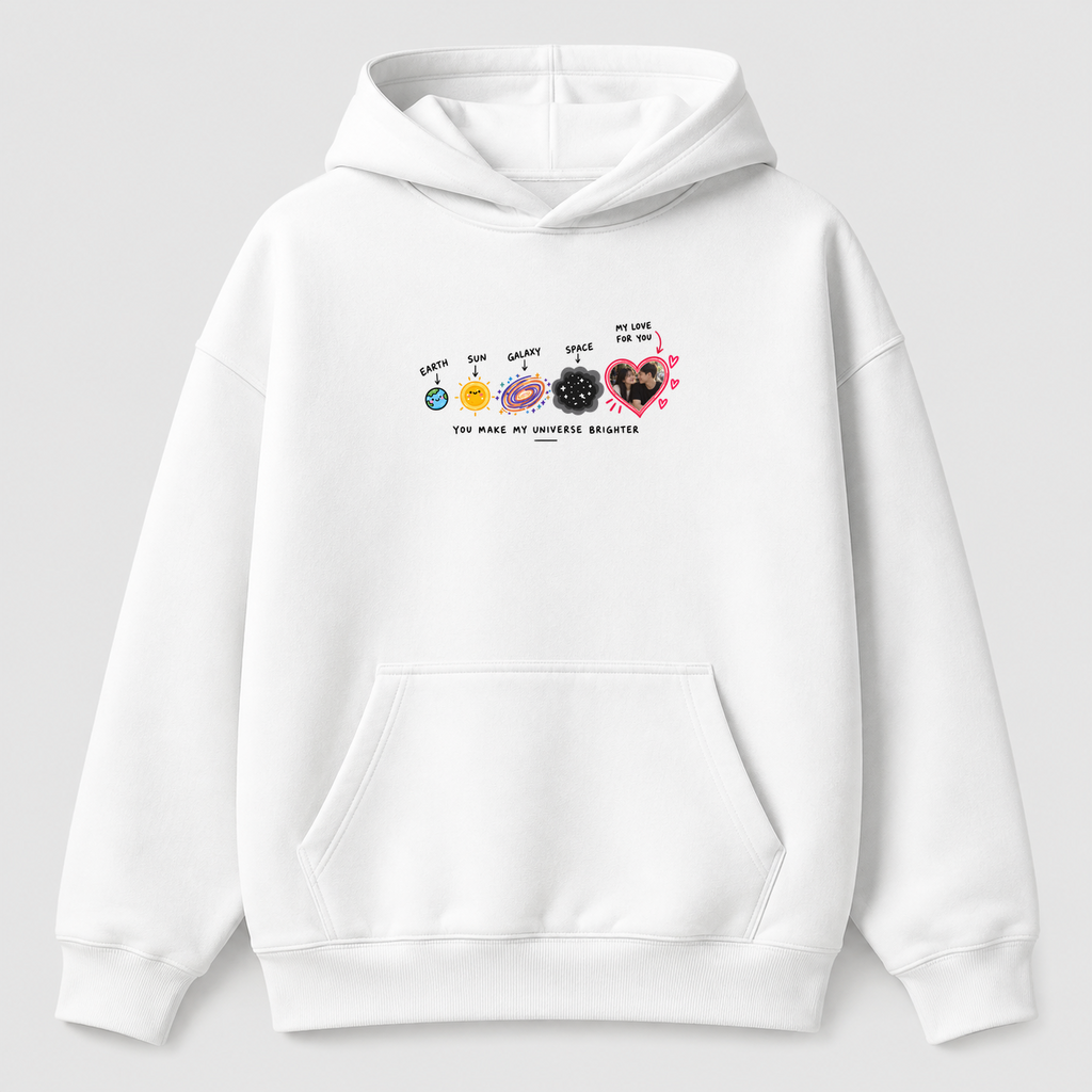 Áo Hoodie Custom Ảnh Trái Tim Vũ Trụ – You Make My Universe Brighter | RIENGVN — màu Trắng