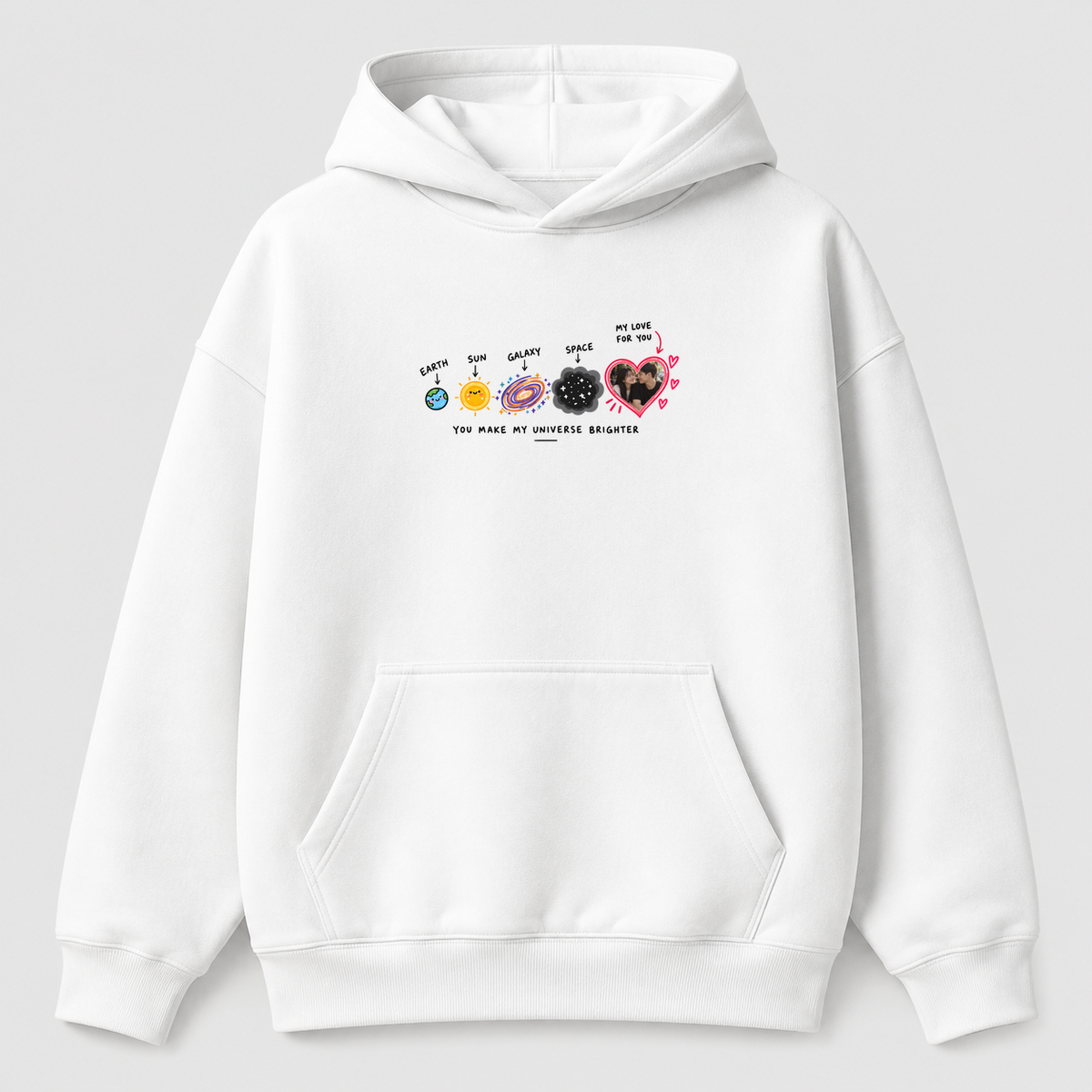 Áo Hoodie Custom Ảnh Trái Tim Vũ Trụ – You Make My Universe Brighter | RIENGVN — màu Trắng