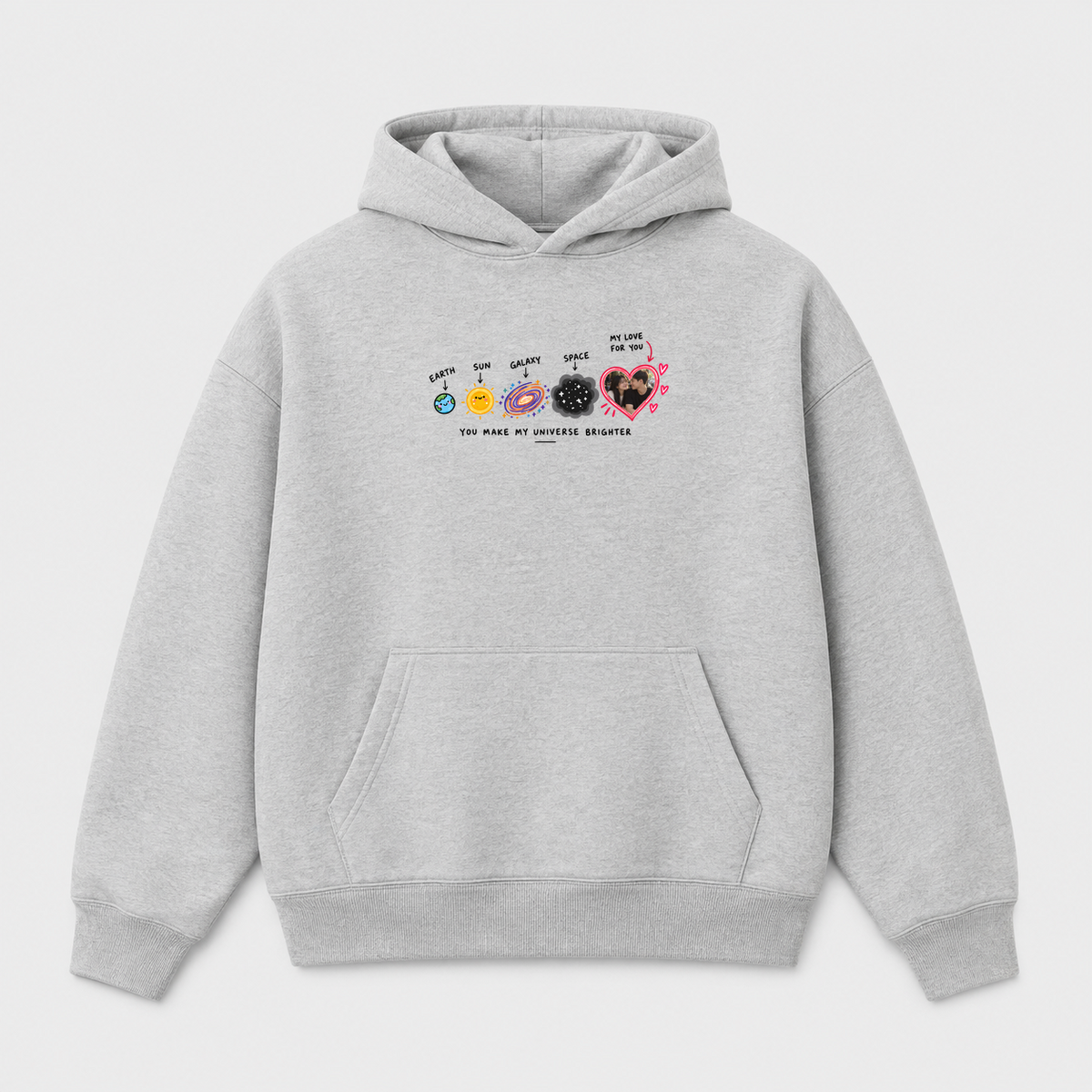 Áo Hoodie Custom Ảnh Trái Tim Vũ Trụ – You Make My Universe Brighter | RIENGVN — màu Xám