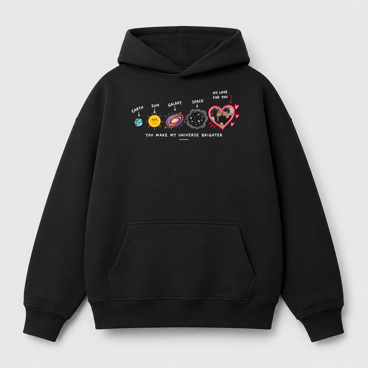 Áo Hoodie Custom Ảnh Trái Tim Vũ Trụ – You Make My Universe Brighter | RIENGVN — màu Đen, vùng in lớn v7