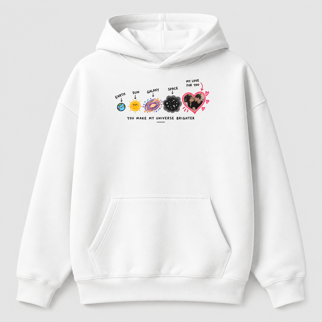 Áo Hoodie Custom Ảnh Trái Tim Vũ Trụ – You Make My Universe Brighter | RIENGVN — màu Trắng, vùng in lớn v7
