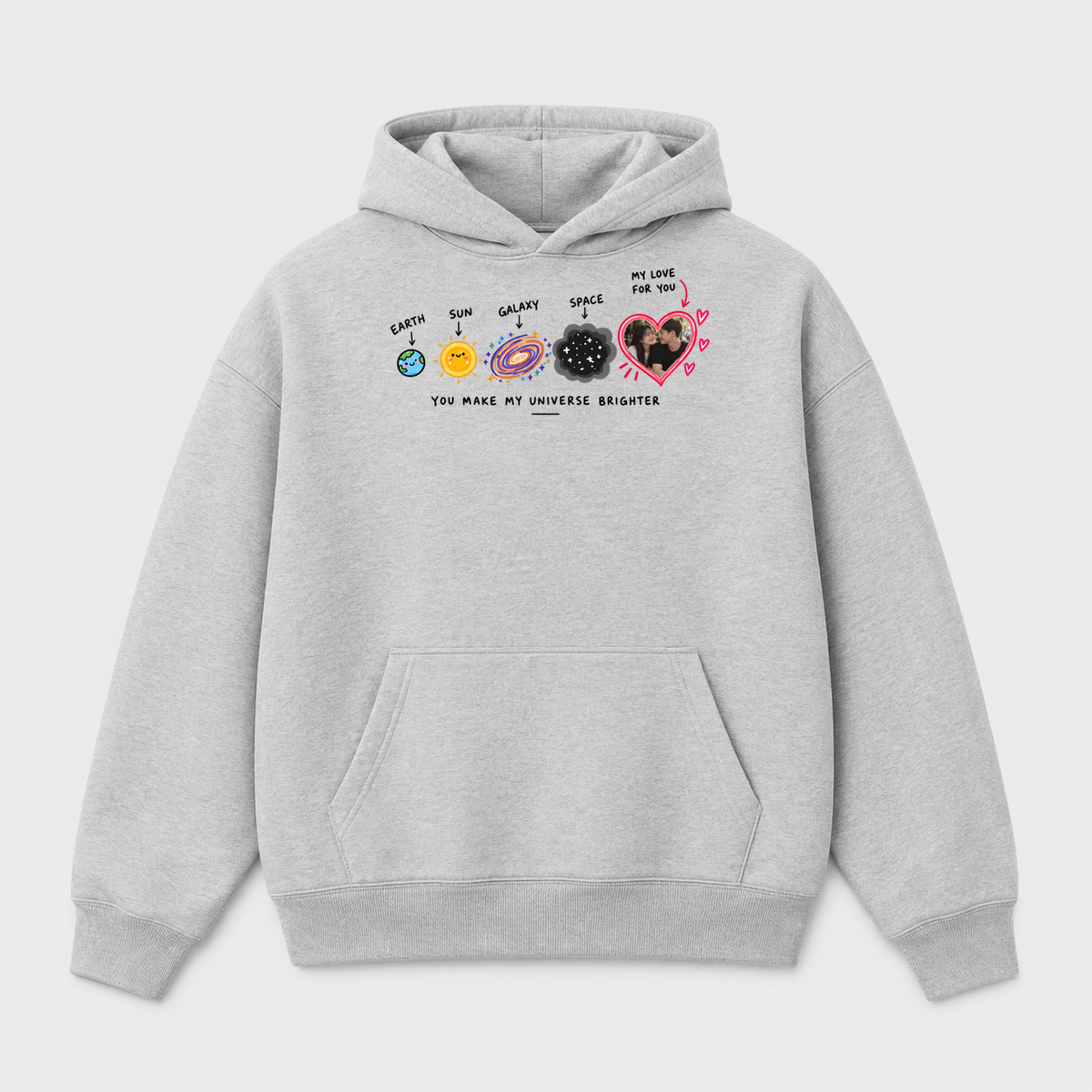 Áo Hoodie Custom Ảnh Trái Tim Vũ Trụ – You Make My Universe Brighter | RIENGVN — màu Xám, vùng in lớn v7